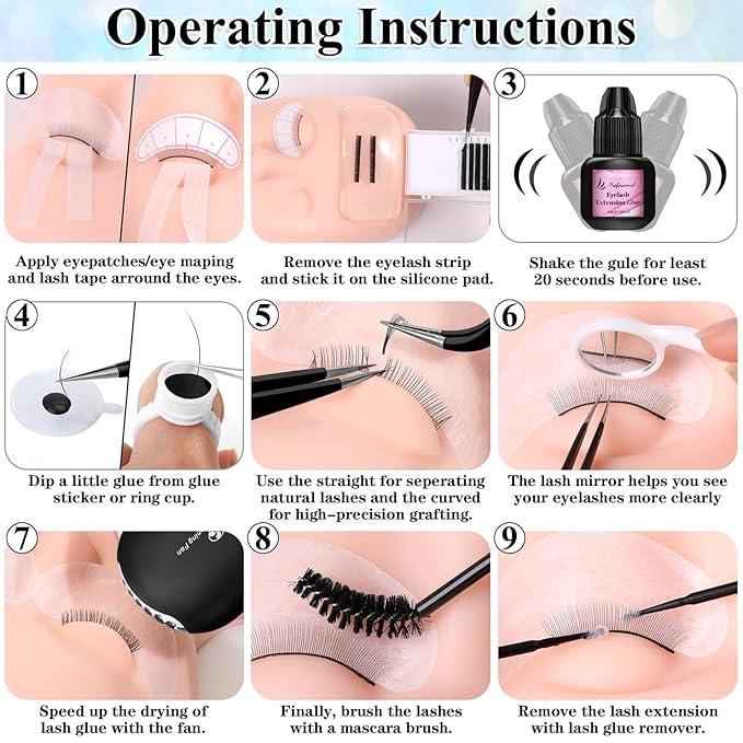 EyeLash Extension Kit for Beginners, Professional Lash EyeLash Extension Practice Kit with Everything, Mannequin Head, Eye Lashes Glue, Lash Kit for Eyelash Extensions Beginners Training