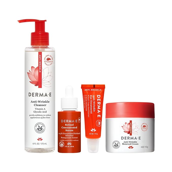 Derma E Anti-Wrinkle Set, Anti-Wrinkle Cleanser, 6oz, Anti-Wrinkle Retinol Serum, 1 fl oz, Anti-Wrinkle Renewal Skin Cream, 4 oz, Anti-Wrinkle Eye Treatment, 0.5 oz