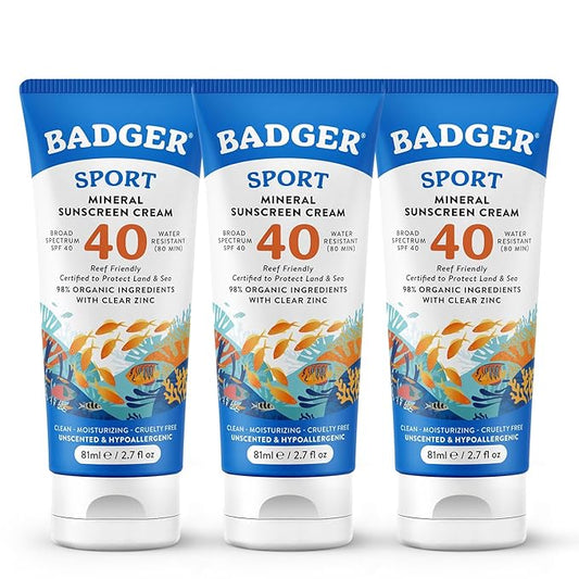 Badger Reef Safe Sunscreen, Unscented SPF 40 Sport Mineral Sunscreen, 98% Organic, Water Resistant Zinc, Approved for Hawaii & Mexico Reefs, 2.7 fl oz, 3-Pack