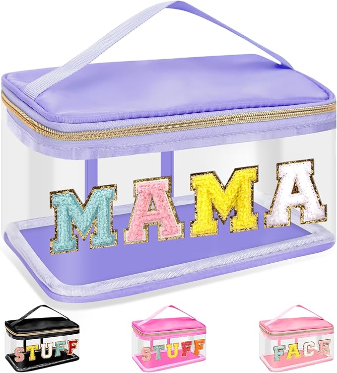 Chenille Letter Clear Makeup Bags Mama Pouch, Preppy Patch Makeup Bag Zipper with Handle, Transparent PVC & Nylon Waterproof Glitter Cosmetic Handbag Travel Toiletry Storage for Women(MAMA-Purple)