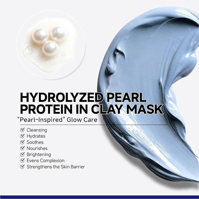 Clay Mask for Face, Pore Minimizing Mud Mask with Hydrolyzed Pearl Protein, Blue Clay Face Mask to Reduce Blackheads, Even Skin Tone, Balance Oil and Moisture, with brush for All Skin Types