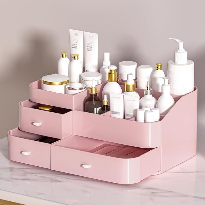 MIUOPUR Makeup Organizer for Vanity, Large Capacity Desk Organizer with Drawers for Cosmetics, Lipsticks, Jewelry, Nail Care, Skincare, Ideal for Bedroom and Bathroom Countertops - Large Pink
