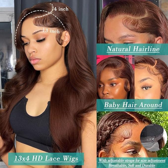Azkiu Brown Body Wave Lace Front Wigs Human Hair Wigs HD Lace Front Wig Human Hair Pre Plucked with Baby Hair 150 Density Brazilian Virgin Transparent Lace Front Wig Colored (22 Inch)