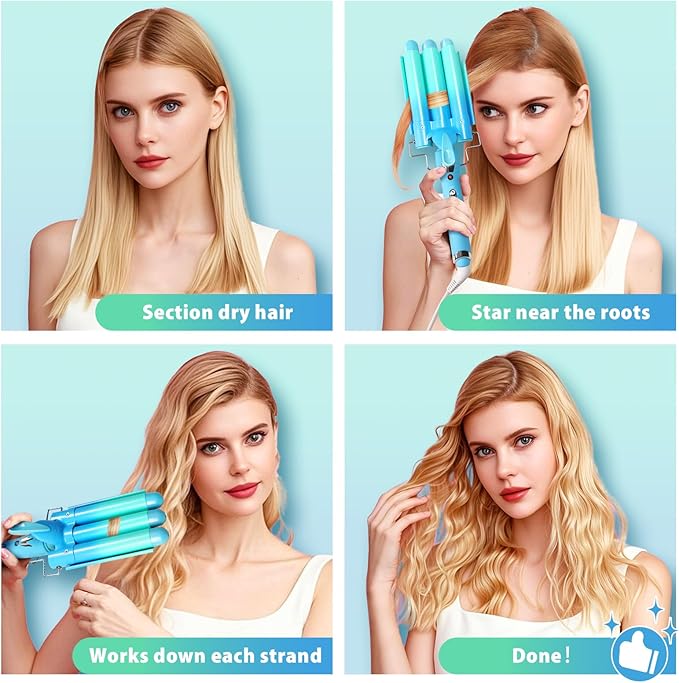 3 Barrel Curling Iron Hair Crimper: Aleath Dual Voltage Adjustable Temperature Three Barrels Hair Waver - Ceramic 1 inch Curler Wand（Blue）