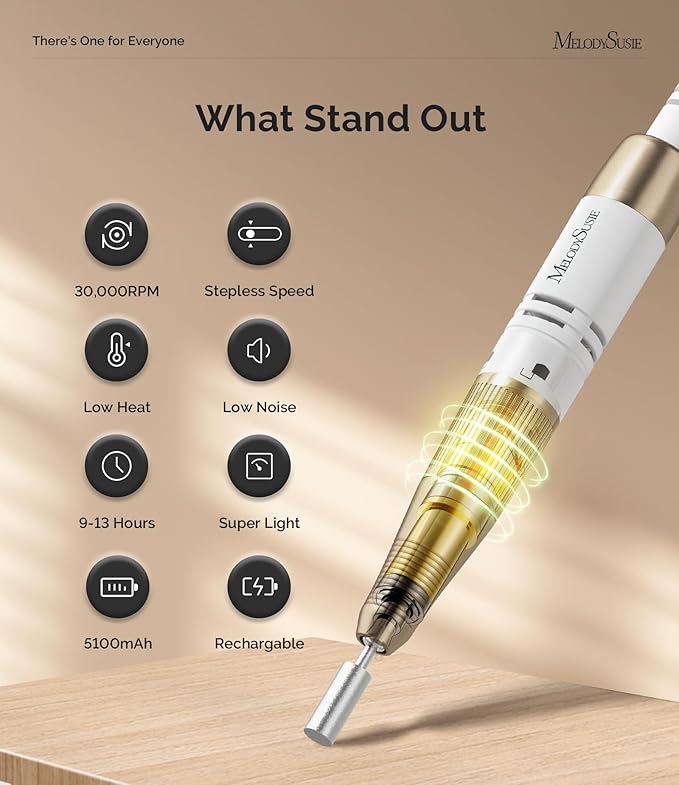 MelodySusie Nail Drill Machine, Electric Nail File Professional for Acrylic Nail, Rechargeable Cordless Portable E File 6 Nail Drill Bit Set, SR3 Jade