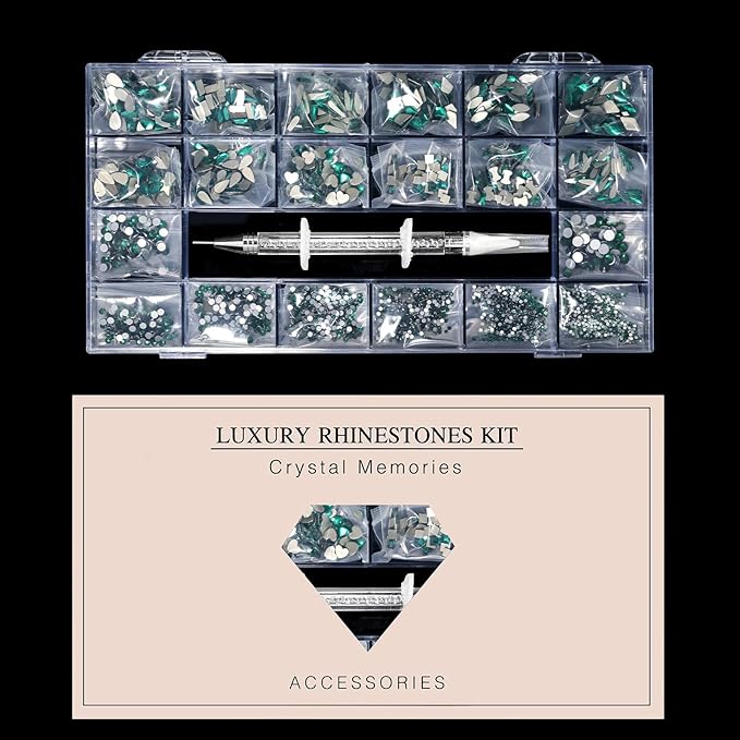 12 Types of Green 600 Diamonds + 2500 Flat Rhinestones Mix 20 Styles Flatback DIY Crafts Rhinestone Crystals 3D Decorations Flat Back Stones Set + Rhinestone Picker Wax Pen