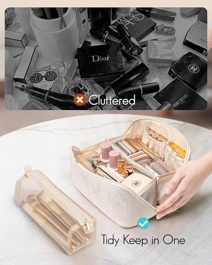 Vlando Makeup Bag,Travel Makeup Bag Christmas Gifts for Women Travelers Open Flat Make up Organizer,Gift Ideas for Girls,Sister(Cream White)