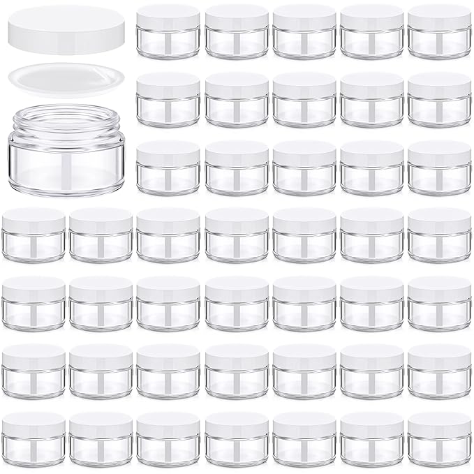 Domensi 60 Pcs 1oz Glass Jars with Lids Bulk Salve Tins Small Glass Candle Cosmetic Jars for Travel with Inner Liners Containers for Lotions Sample Cream(Clear, White Lid)