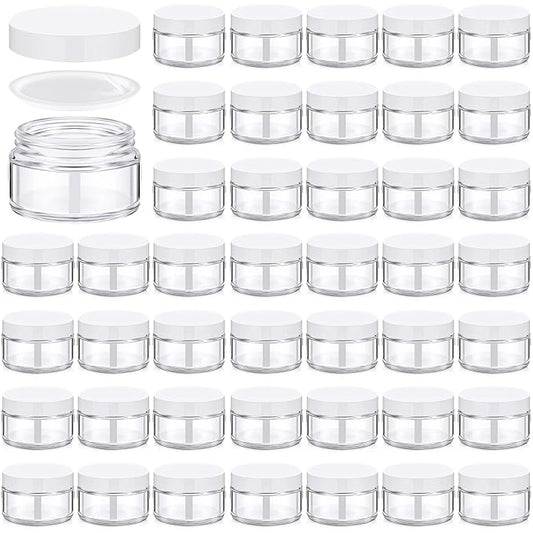 Domensi 60 Pcs 1oz Glass Jars with Lids Bulk Salve Tins Small Glass Candle Cosmetic Jars for Travel with Inner Liners Containers for Lotions Sample Cream(Clear, White Lid)