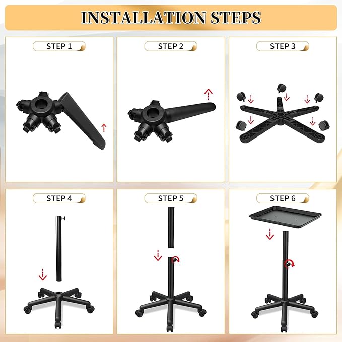 Salon Tray on Wheels, Black Salon Tray Cart with Adjustable Height, Tattoo Rolling Tray, Metal Service Instrument Storage Tray for Salon&Home Use