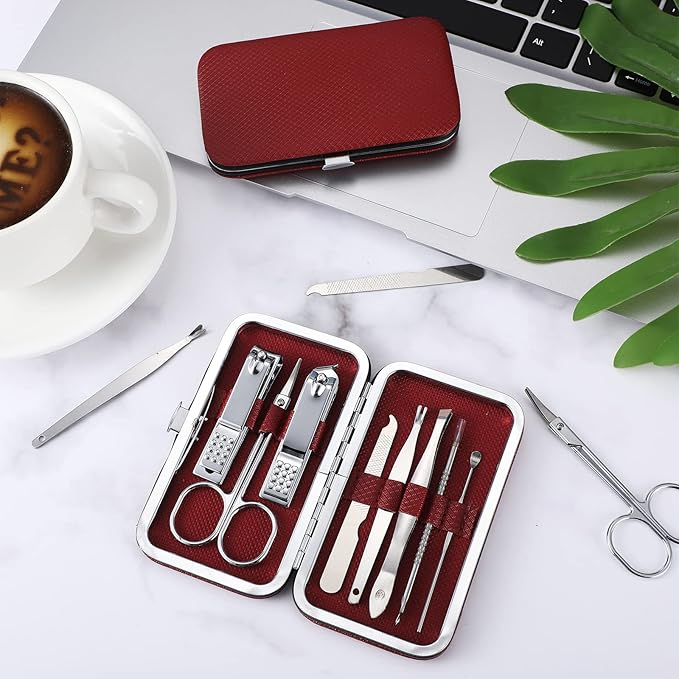 Lasnten 24 Set Manicure Set Bulk Nail Clippers Grooming Nail Kit Stainless Steel Professional Pedicure Kit Pedicure Tools with Travel Case Gifts for Men Women Personal(8 in 1,Red, Silver)