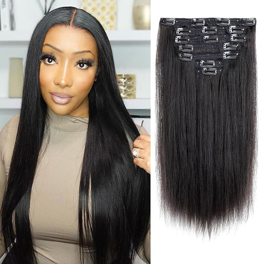ORIGINAL QUEEN Straight Clip in Hair Extensions 7Pcs 120g Real Human Hair Clip ins for Women Lace Weft 22Inch