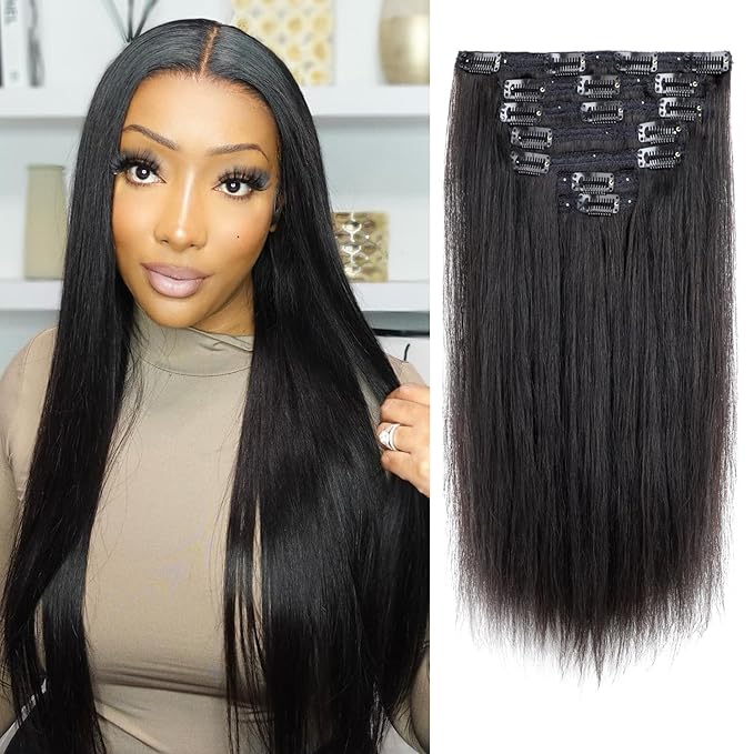 ORIGINAL QUEEN Straight Clip in Hair Extensions 7Pcs 120g Real Human Hair Clip ins for Women Lace Weft 20Inch