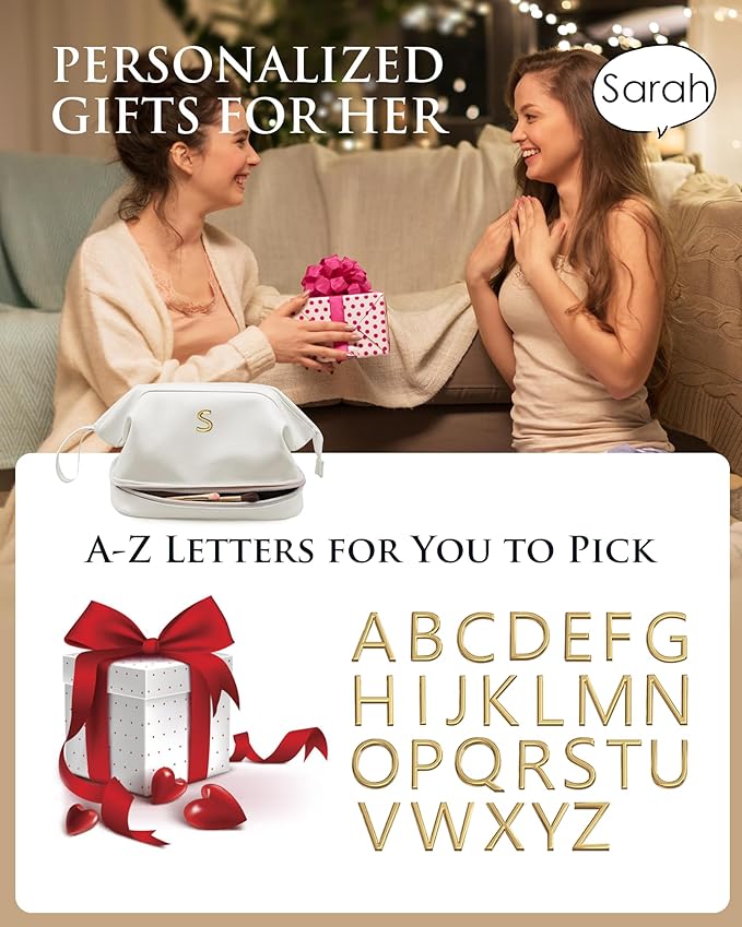 Bridesmaid Gifts, Initial Makeup Bags, Friend Gifts, Personalized Double Layer Cosmetic Bag with Makeup Brush Organizer, Travel Toiletry Bag, Birthday Gifts for Girl Graduation Gifts for Her