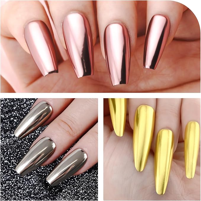 Chrome Nail Powder Set Metallic Mirror Glitter for Manicure Nail Art Decoration Gold Silver Bronze Rose Gold Silver Pigment 6 Colors Kit 0.5g/Jar (TR 6 Pcs Set)