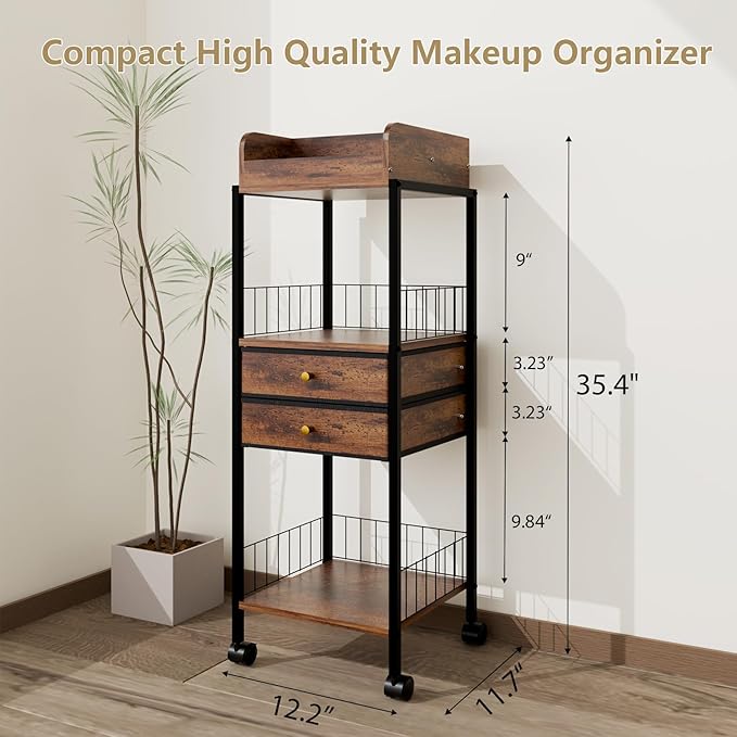 Makeup Organizer Cart Shelf Floor Skincare Organizers Make Up and Station Storage Cabinet For Vanity Standing Cosmetics With Drawers and Wheels For Nail Polish Perfume Hair Tool Beauty(Black)