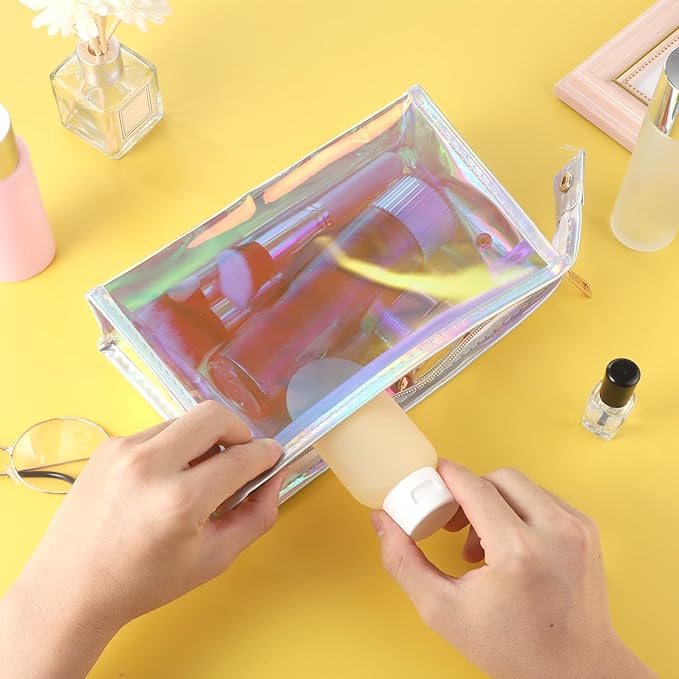 BESARME 10 Pcs Holographic Makeup Bags, Clear PVC Makeup Bag Iridescent Pouch Portable Zippered Toiletry Bag Waterproof Cosmetic Bags Stocking Stuffers for Women Girls Bathroom Vacation