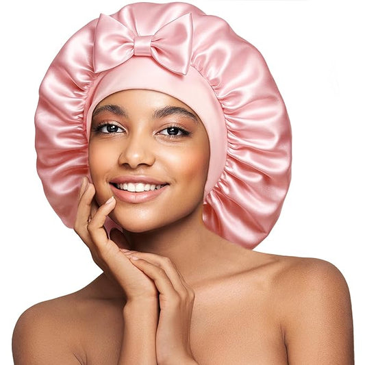 Umisleep Large Silk Bonnet for Sleeping Women, 100% Double Layer 22 Momme Mulberry Silk, Non Slip Hair Bonnet with Adjustable Band for Curly Long Hair, Pink