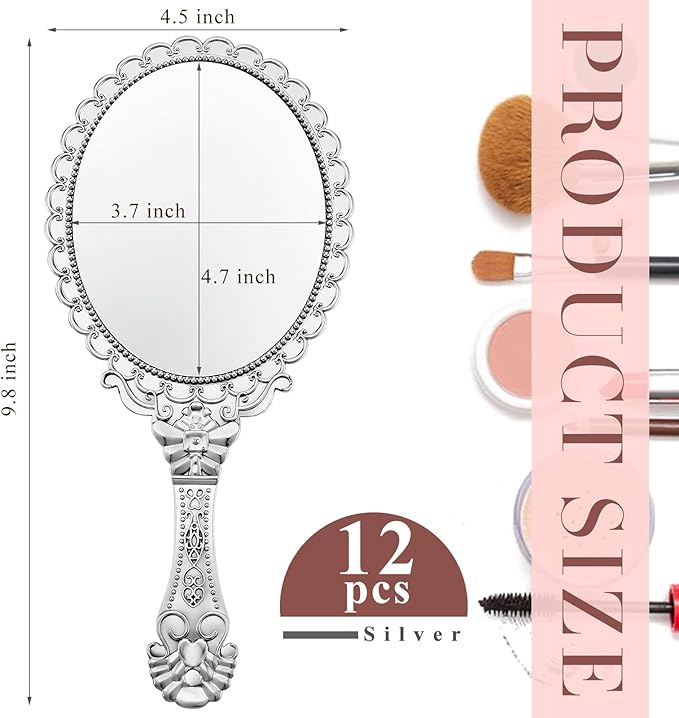 Qunclay 12 Pcs Vintage Handheld Mirror, 9.8" L x 4.5" W Small Sliver Embossed Portable Princess Mirror for Classroom Kids Princess Party Favors Travel