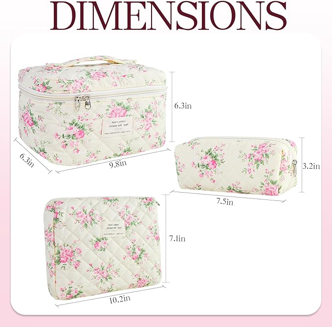 Makeup Bag, 3 PCS Quilted Makeup Bag, Cute Floral Cotton Cosmetic Bag set, Coquette Makeup Pouch Large Travel Toiletry Bag