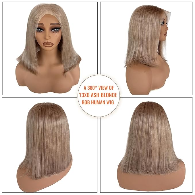 Ash Blonde Bob Human Hair Lace Front Wig Pre Plucked 13x6 Wear and Go HD Transparent Short Straight Blunt Cut Bob Ash Blonde Lace Front Wigs for Black Women 180% Density 10 Inch with Thick Ends