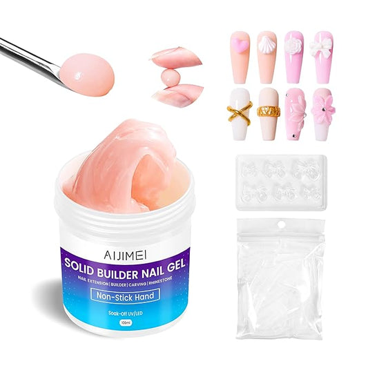 AIJIMEI 100ml Solid Builder Gel for Nails kit Solid Nail Builder Gel Non Sticky Nail Gel for Nail Extension with Nail Silicone Molds Nail Dual Form Nail Art Deisgn Nail Builder Gel (Nude)