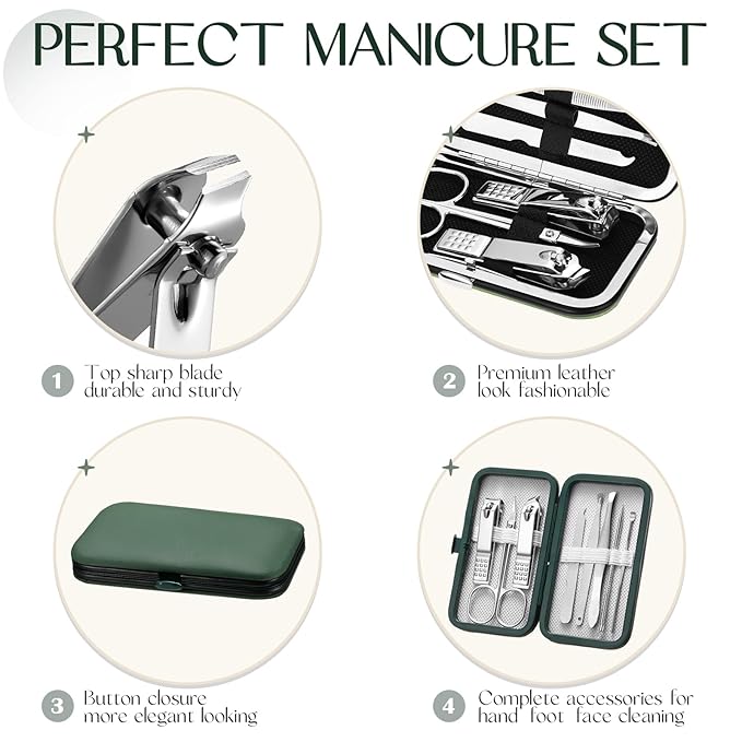 Lasnten 24 Set Manicure Set Bulk Nail Clippers Grooming Nail Kit Stainless Steel Professional Pedicure Kit Pedicure Tools with Travel Case Gifts for Men Women Personal(8 in 1,Dark Green)