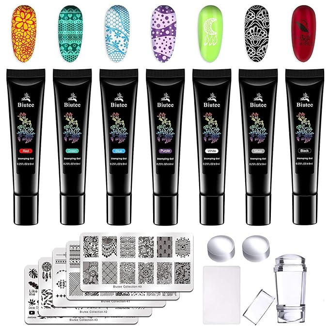 7 Colors Nail Stamping Polish Gel Nail Stamper Kit with 5 Pcs Nail Stamping Plates for Nails Art Stamp Beginners Kit
