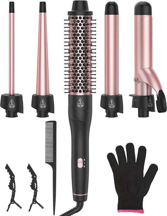 ANIEKIN 5 in 1 Curling Iron Set, Fast Heat Up Curling Wand from 3/8 to 1 1/4 Inch and a Thermal Brush Come with, Dual Voltage Hair Curler for Women All Hair Types and Travel Use, Gifts for Women