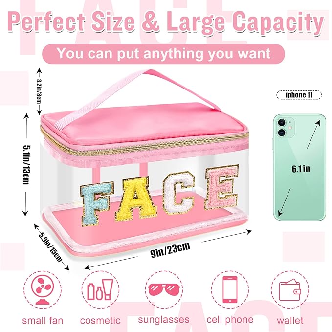 Chenille Letter Clear Makeup Bags Face Pouch, Preppy Patch Makeup Bag Zipper with Handle, Transparent PVC & Nylon Waterproof Glitter Cosmetic Handbag Travel Toiletry Storage for Women Girl(FACE-Pink)