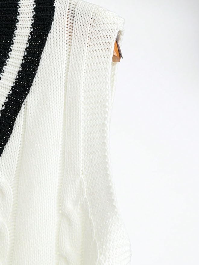 Floerns Women's V Neck Letter Striped Trim Sleeveless Sweater Vest Knit Top