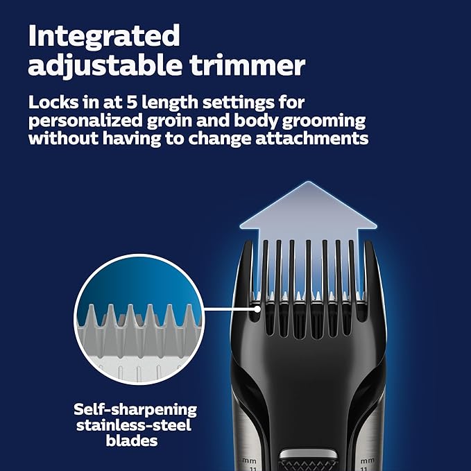 Philips Bodygroom 7000 Series, Showerproof Groin and Body Trimmer for Men, Precise Body Grooming, Adjustable Comb, Safe Even Below The Belt, 80 Min. Runtime, Model BG7040/42