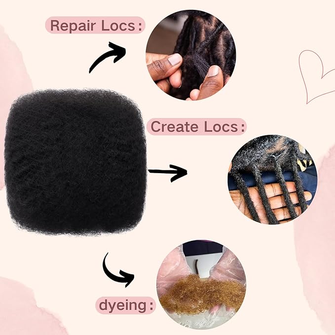 Afro Kinkys Bulk Human Hair for Dreadlock Extensions,Repair Locs, Twists and Braids, 180 Gram Each Package 100% Human Hair Afro Kinky Bulk Can be Dyed and Bleached (Natural Black, 10inch)