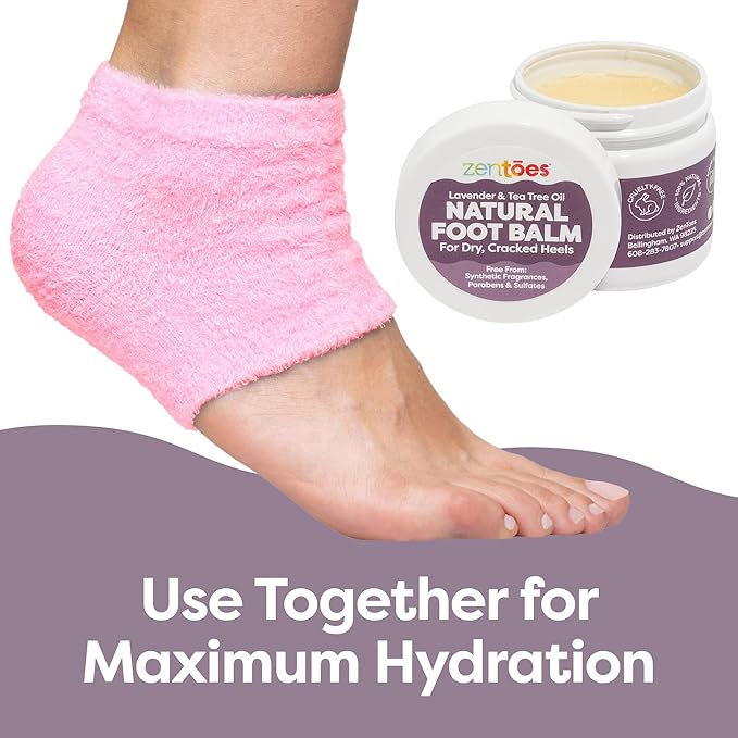 ZenToes Moisturizing Heel Socks with Natural Hydrating Foot Balm Bundle - Home Pedicure Gift Set - Fuzzy Pink Kit