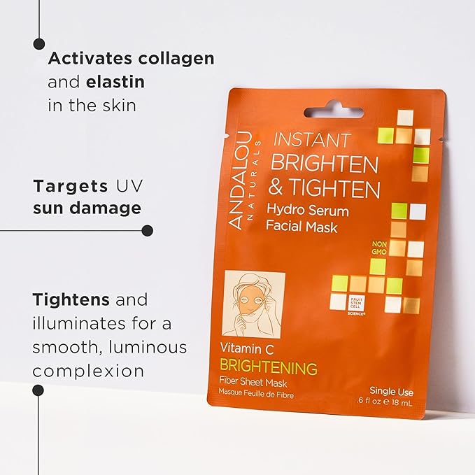 Andalou Naturals Instant Brighten and Tighten Hydro Serum Facial Mask, Single Face Mask, 0.6 Ounce (Pack of 6)