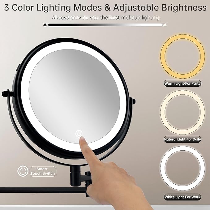 JANEEVA 8" Wall Mounted Lighted Makeup Mirror,Rechargeable Double Sided 1X/10X Magnifying Mirror with 3 Color Lights,Touch Dimmable Bathroom Vanity Mirror with 360°Swivel Extendable Arm Matte Black