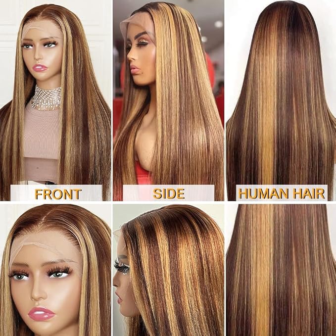 Azkiu 28Inch Highlight Ombre Lace Front Wig Human Hair Pre Plucked 13x4 HD Transparent 4/27 Honey Blonde lace frontal Wigs with Baby Hair 180% Density Colored Straight Lace Front wig Human Hair