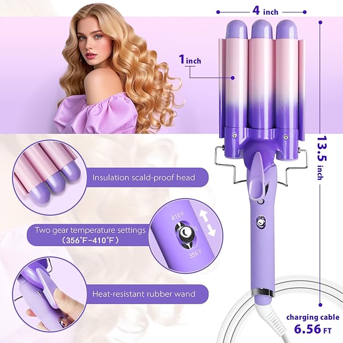 3 Barrel Curling Iron Hair Crimper: Aleath Dual Voltage Adjustable Temperature Three Barrels Hair Waver - Ceramic 1 inch Curler Wand（Purple）