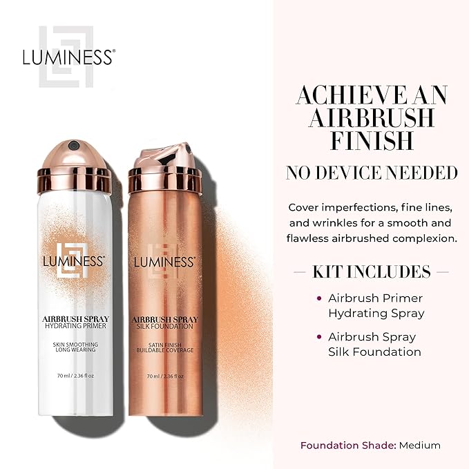 LUMINESS Silk Airbrush Spray Foundation & Primer Kit - Full Coverage Foundation, Anti-Aging Formula Hydrates & Moisturizes with Hyaluronic Acid, Aloe Vera & Hydrolyzed Silk (Shade - Medium)