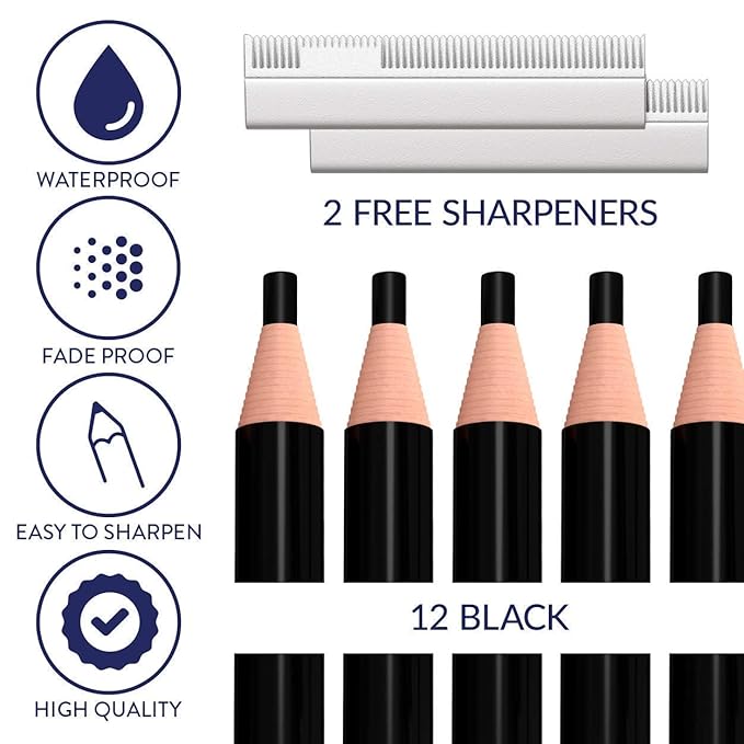 Microblading Supplies 12-PC Black Waterproof Eyebrow Pencil and 4-in-1 Duckbill-Shape Eyebrow Pencil Sharpener Bundle with Blade For Marking, Filling And Outlining, And Permanent Makeup