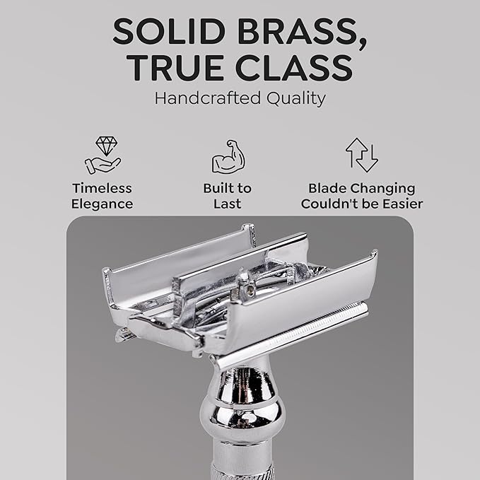 Parker 99R Chrome Long Handle Heavyweight Butterfly Open Double Edge Safety Razor for Men, 5 Parker Premium Platinum Double Edge Razor Blades Included