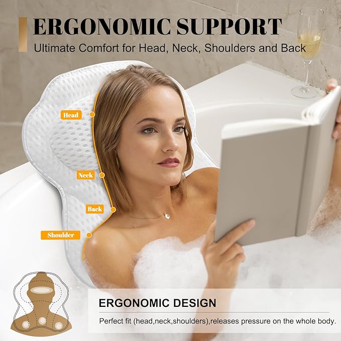 Bath Pillow Luxury Bathtub Pillow, 4D Bath Tub Pillows for Head, Neck and Back Support, Tub Pillow for Bathtub with 6 Non-Slip Suction Cups, Relaxing Bath Accessories Spa Gifts