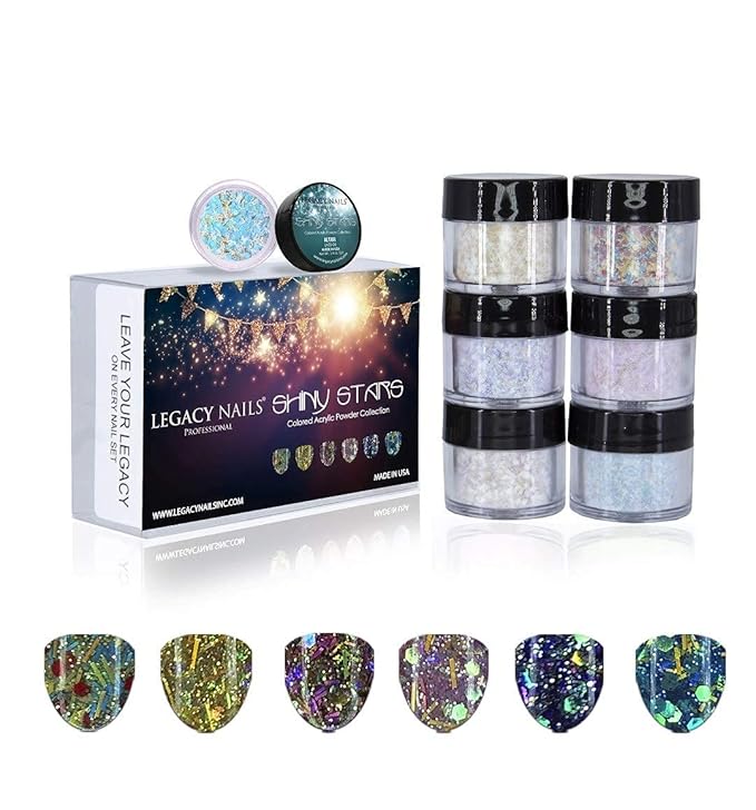 Legacy Nails Professional COLLECTION Acrylic Powder Kit 6 Colors Nail Art Set for Manicure DIY for Dip & Acrylic Nail Extensions (SHINY STARS COLLECTION)