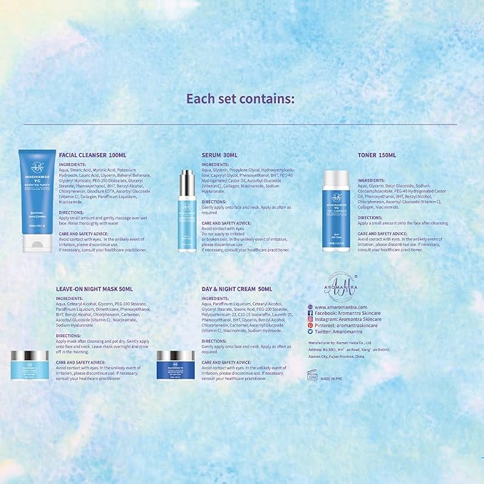 Skin Care Kit for Women, Hydrating Skincare Set Niacinamide+Vitamin C, Daily Routine 5 In 1 W/Facial Cleanser, Toner, Serum, Cream, and Mask, Fragrance-Free, Suit for All Skin Type