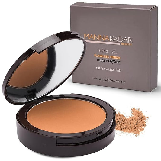 Manna Kadar Beauty Compact Dual Pressed Powder, C6 Tan Shade for Warm Medium Skin Tone, Medium to Full Coverage Oil Absorbing Foundation and Setting Face Powder, Long-Lasting Flawless Matte Finish