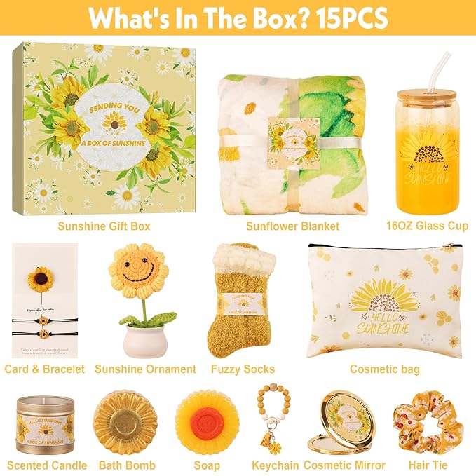 Sunflower Gifts for Women, Get Well Soon Gift Basket for Women,15pc Care Package Feel Better Gift, Surgery Wellness Kit, Thinking of You Sunshine Birthday Box for Her Mom Friend Coworkers Teacher Wife