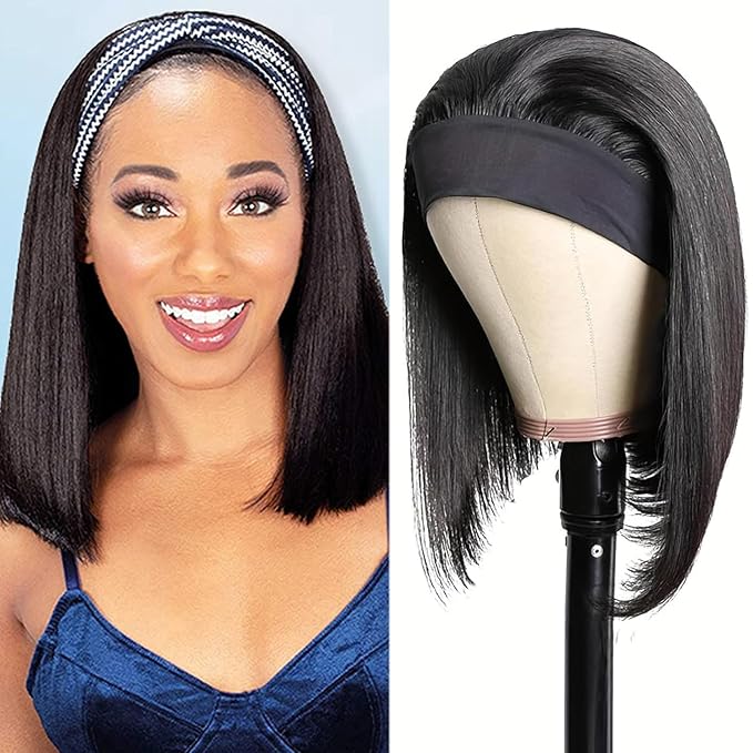 12 Inch Short Straight Headband Bob Wigs Glueless Headband Wig Human Hair Short Straight half wigs for Black Women 180% Density No Lace Headband Wig Natural Color Easy Put On
