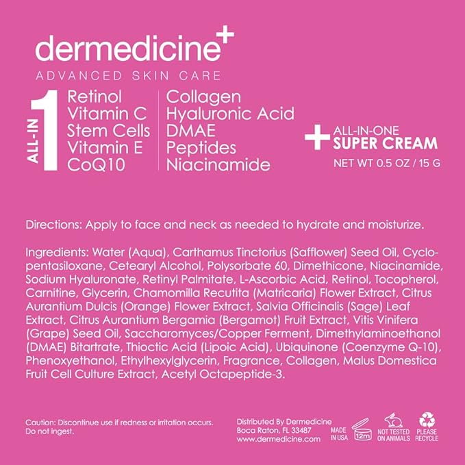 All In One Super Anti-Aging Cream for Face with Retinol, Vitamin C, Stem Cells, Vitamin E, CoQ10, Collagen, Hyaluronic Acid, DMAE, Peptides, Niacinamide Trial Size