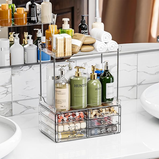 2 Pack Bathroom Organizers and Storage Countertop With 6 Drawers,Stackable Vanity Top Organizer,14.4" Tall Large Capacity Skin Care Organizer and Exquisite Cosmetic Storage Organizer,Clear