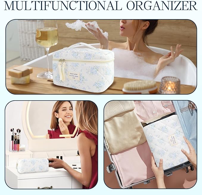 Makeup Bag, 3 PCS Quilted Makeup Bag, Cute Floral Cotton Cosmetic Bag set, Coquette Makeup Pouch Large Travel Toiletry Bag